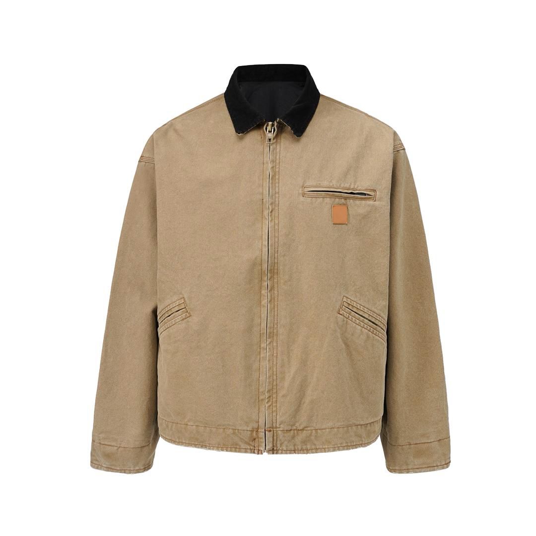 Beige jacket with black collar on a white background