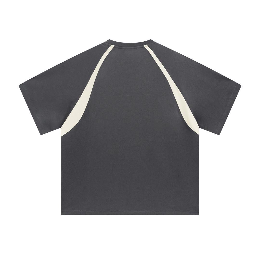 Black t-shirt with white accents on a white background