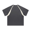 Black t-shirt with white accents on a white background