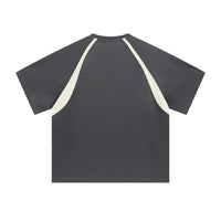 Black t-shirt with white accents on a white background
