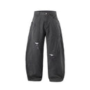 Dark gray pants with distressed details on a white background