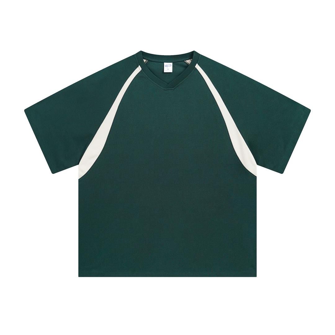 Green t-shirt with white sleeves on a white background