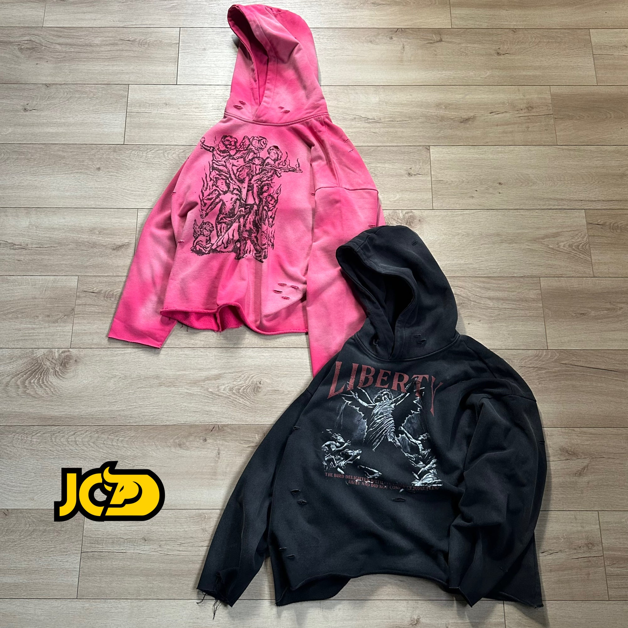 Bold cherub print Hoodie with ragged raw cut-off edges
