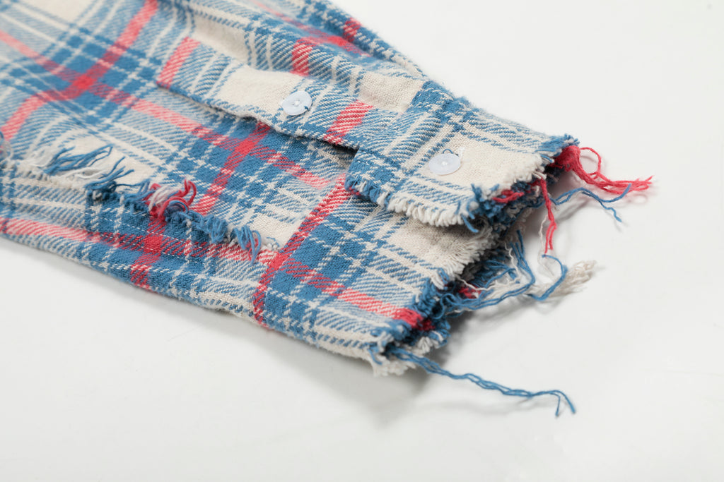 Distressed Blue & Red Plaid Flannel Shirt