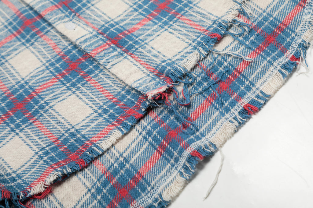 Distressed Blue & Red Plaid Flannel Shirt