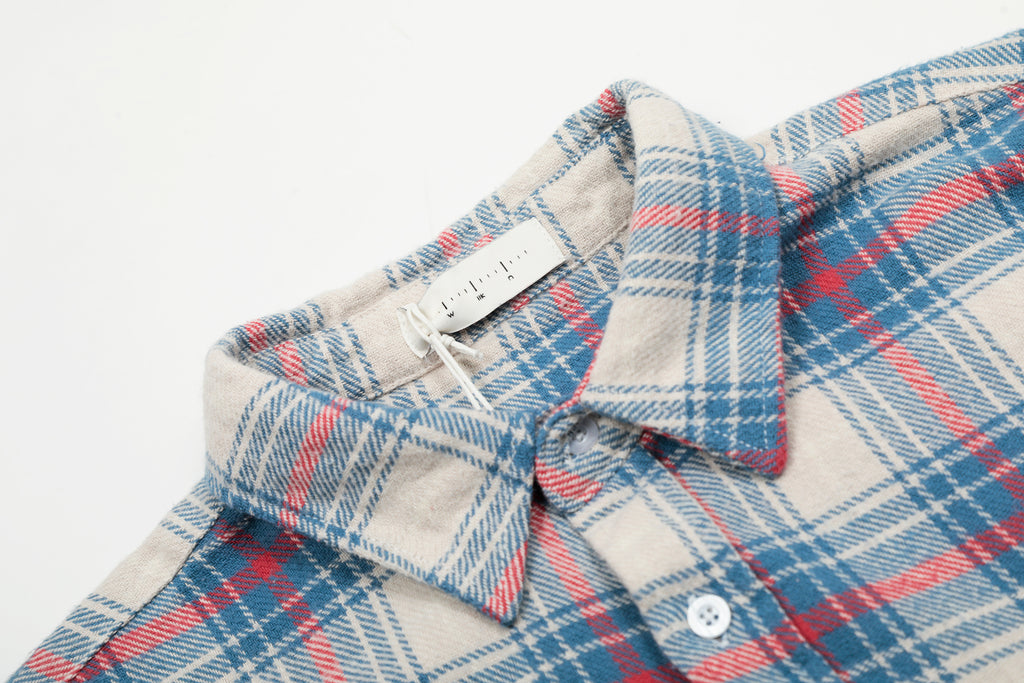 Distressed Blue & Red Plaid Flannel Shirt
