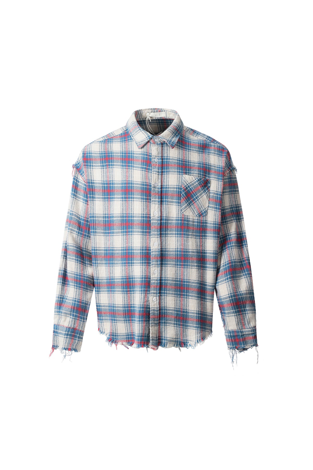 Distressed Blue & Red Plaid Flannel Shirt
