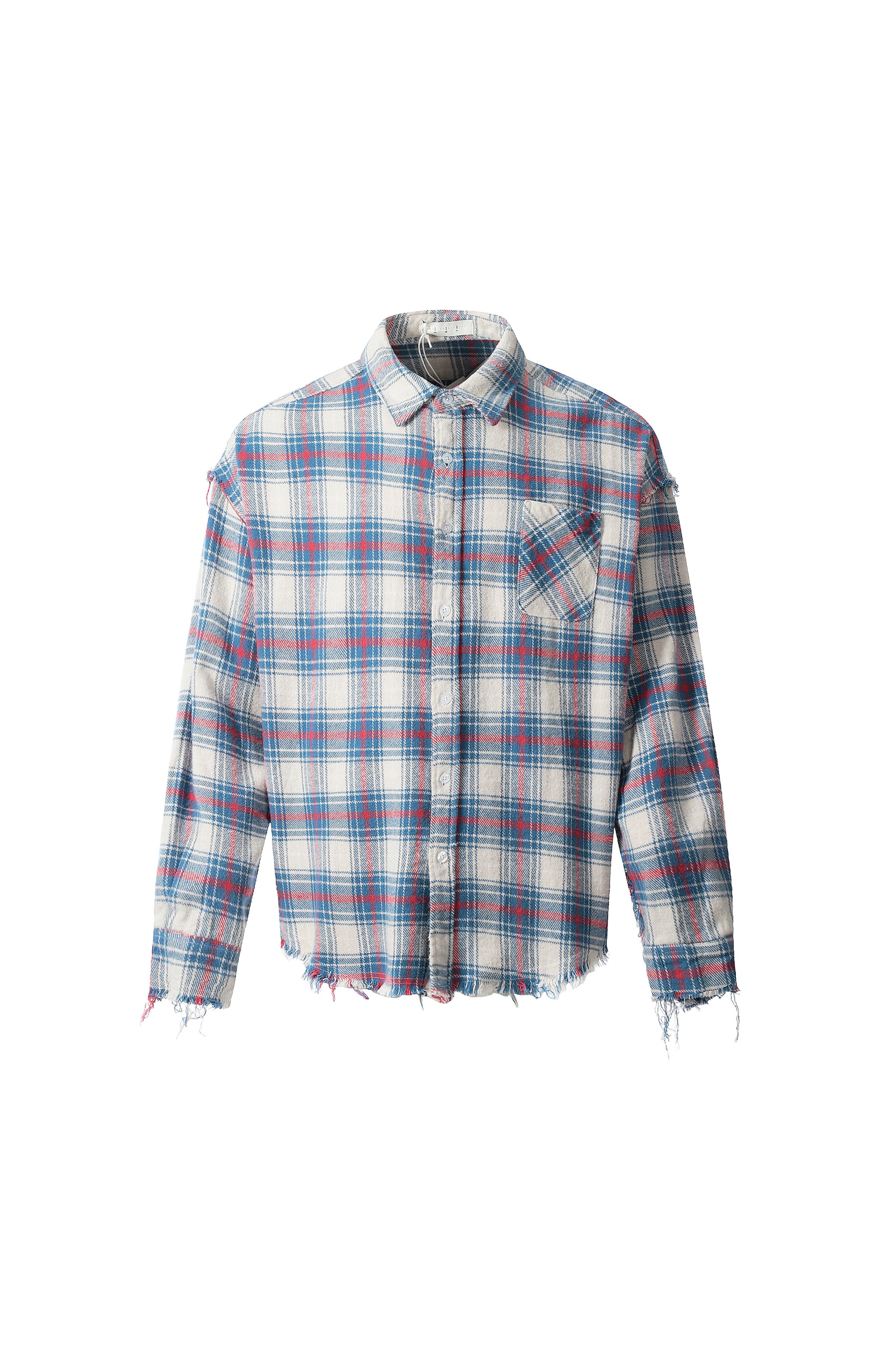 Distressed Blue & Red Plaid Flannel Shirt