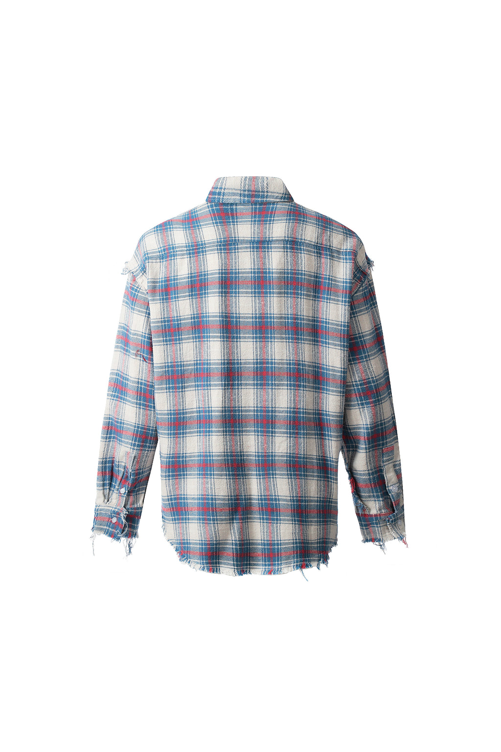Distressed Blue & Red Plaid Flannel Shirt