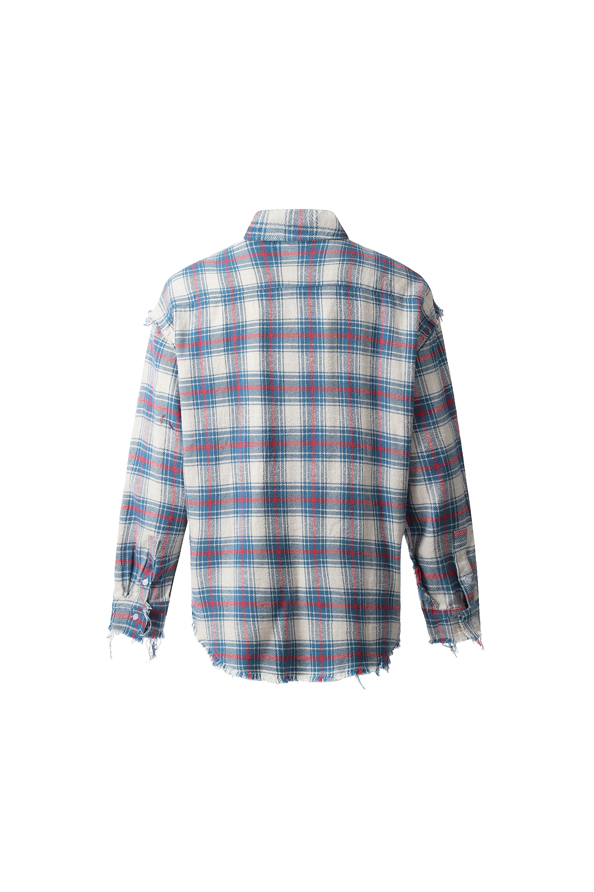 Distressed Blue & Red Plaid Flannel Shirt