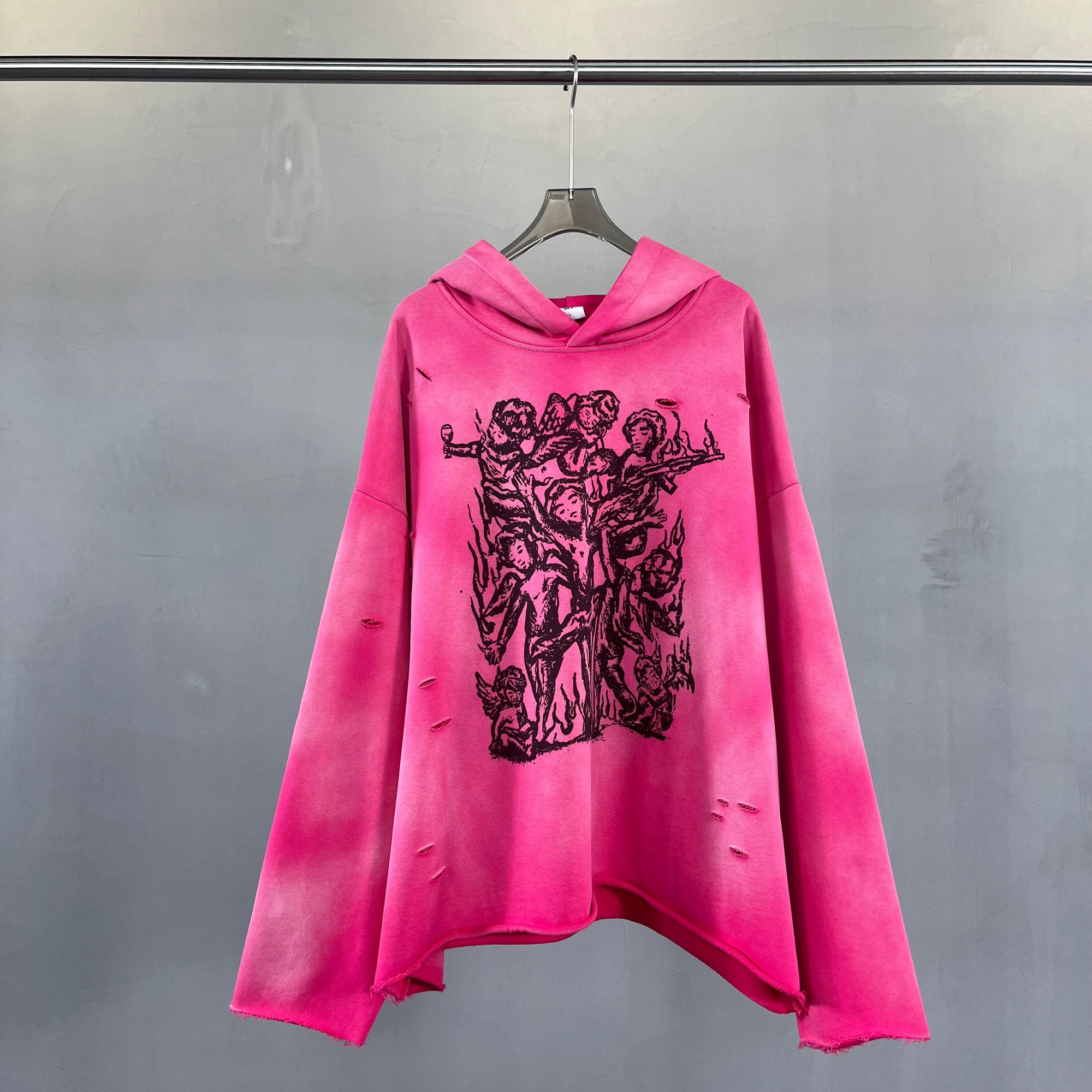 Bold cherub print Hoodie with ragged raw cut-off edges