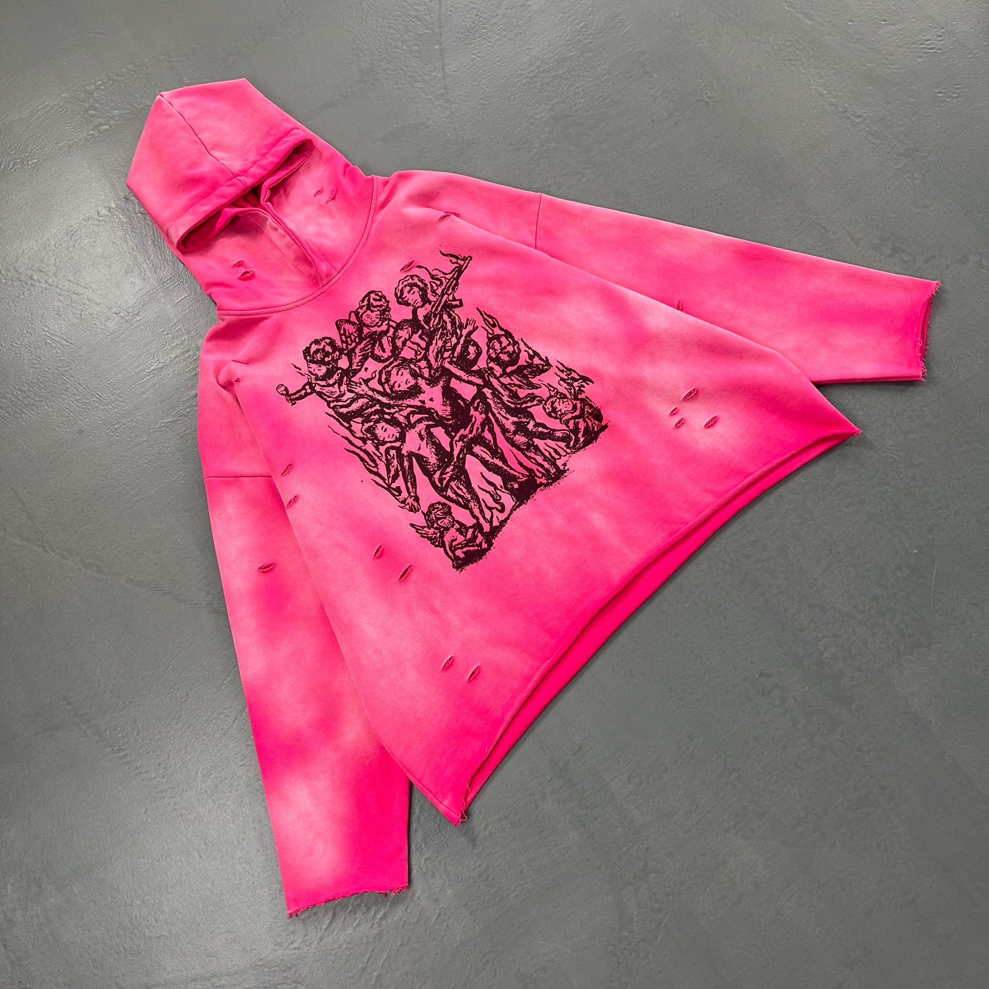 Bold cherub print Hoodie with ragged raw cut-off edges