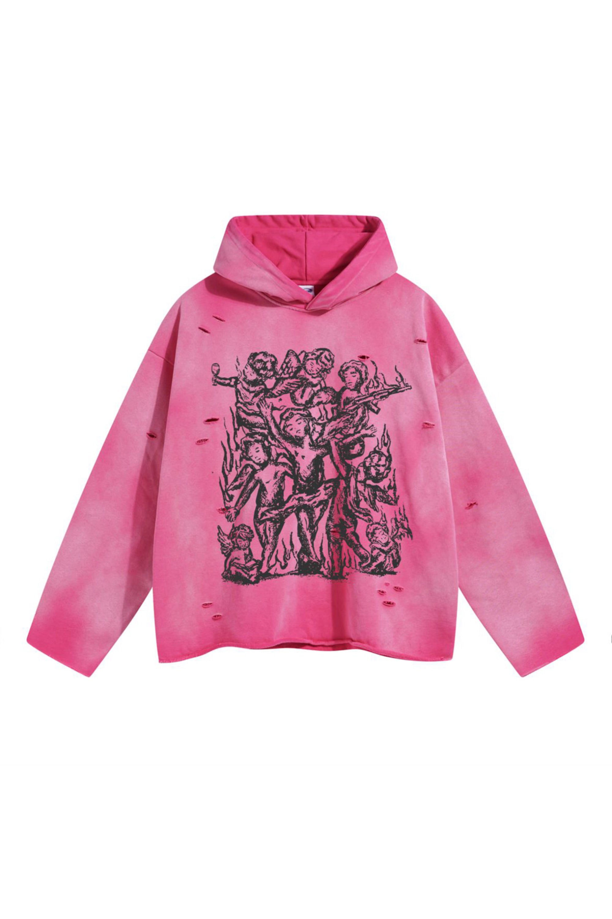 Bold cherub print Hoodie with ragged raw cut-off edges