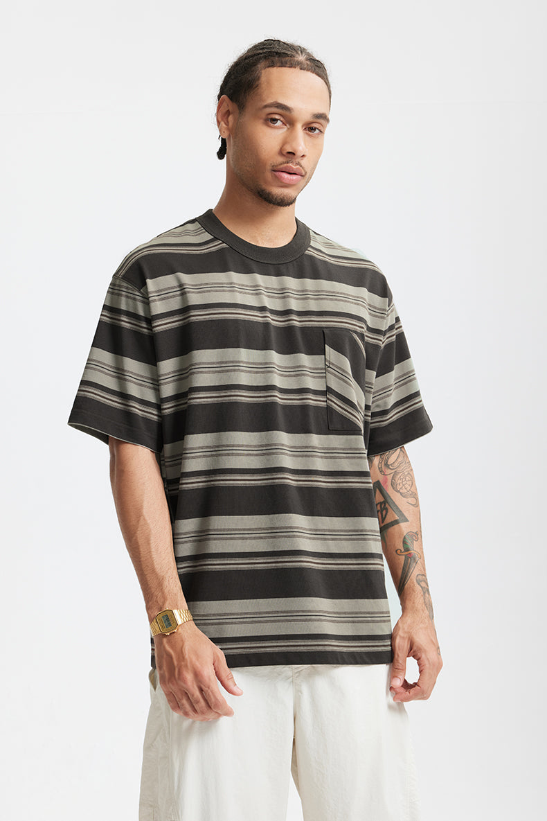 SHADOW STRIPE POCKET TEE – Charcoal & Taupe