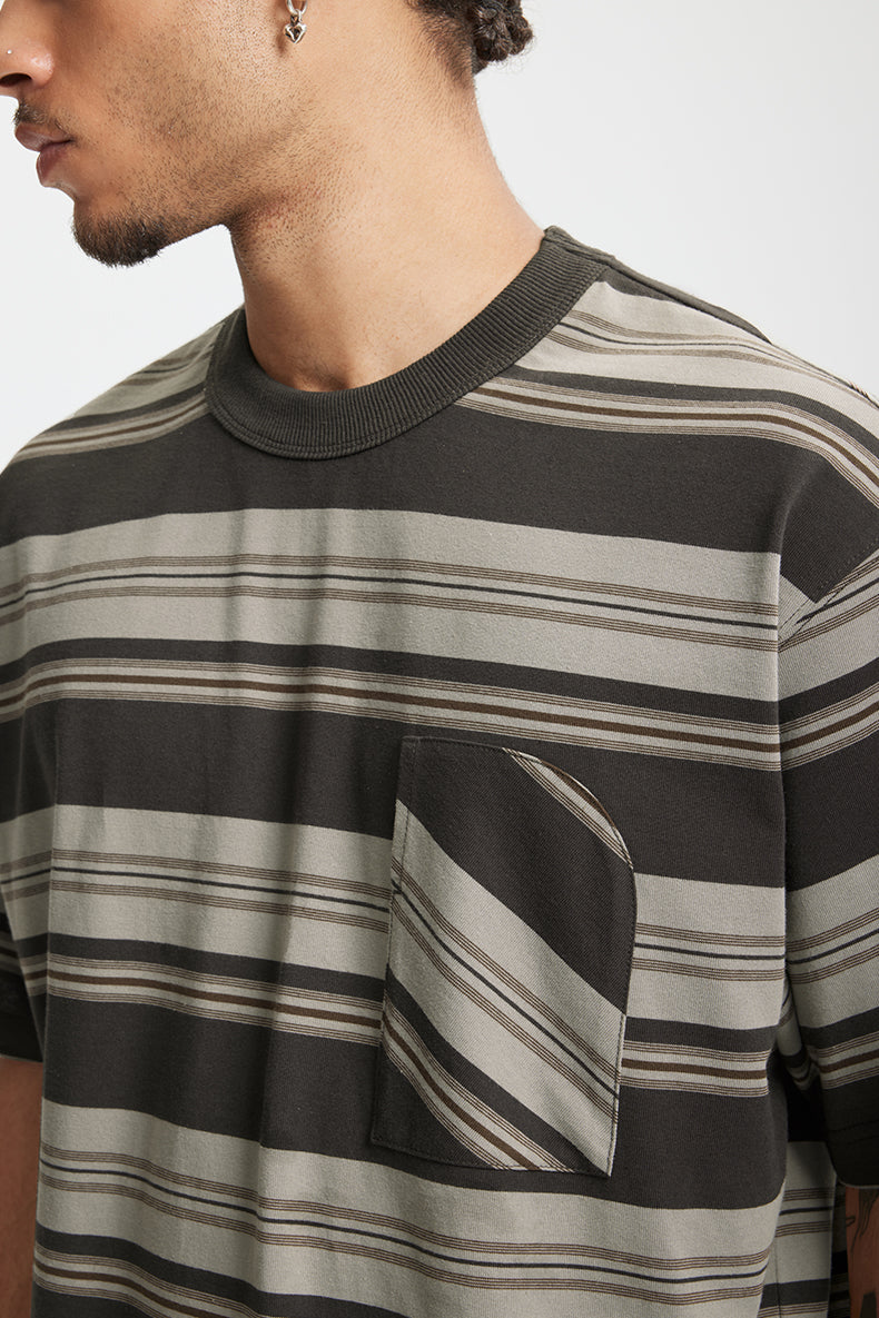 SHADOW STRIPE POCKET TEE – Charcoal & Taupe
