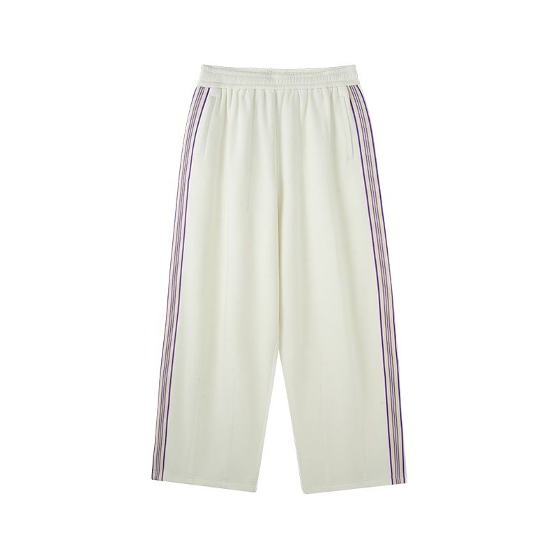 White pants with purple stripes on a white background